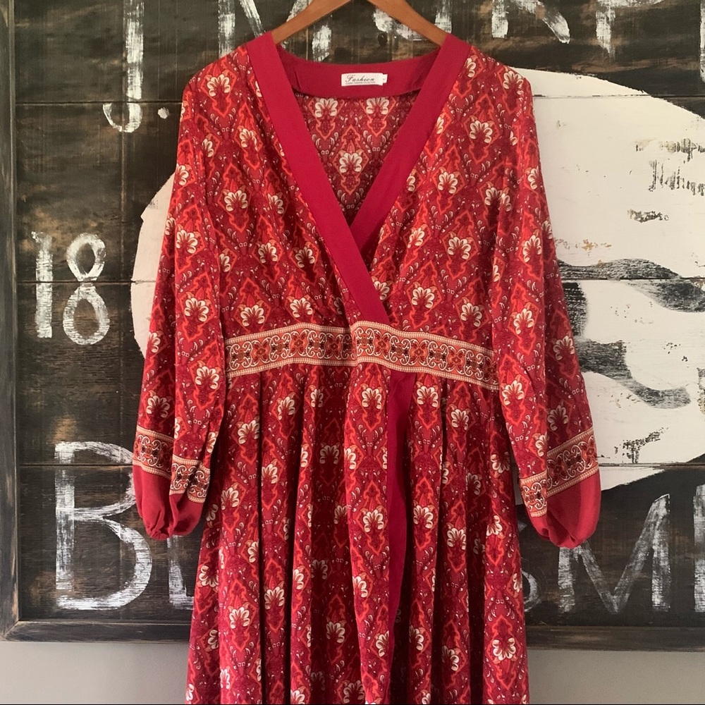 New Boho Vintage Floral Print Gypsy Tunic Midi Maxi Dress